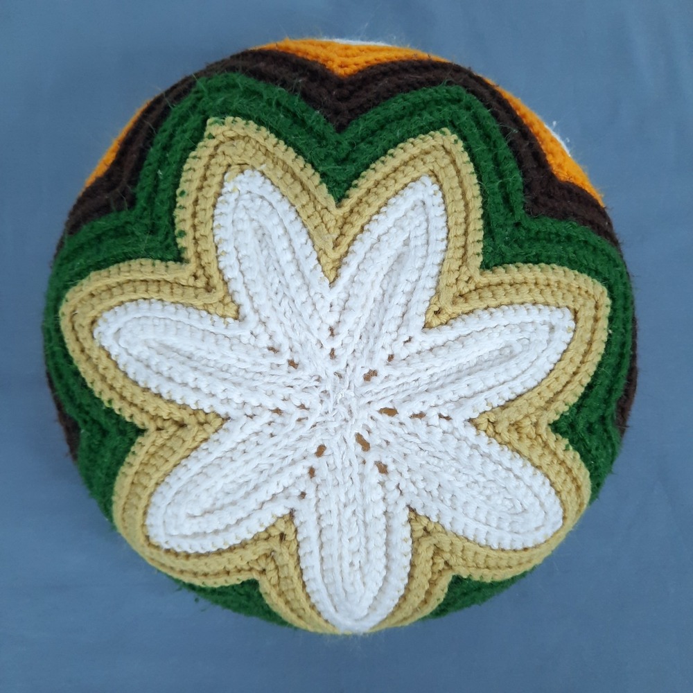 Vintage 70s Handmade Crochet Double Sided Round Throw Pillow Floral Boho Granny